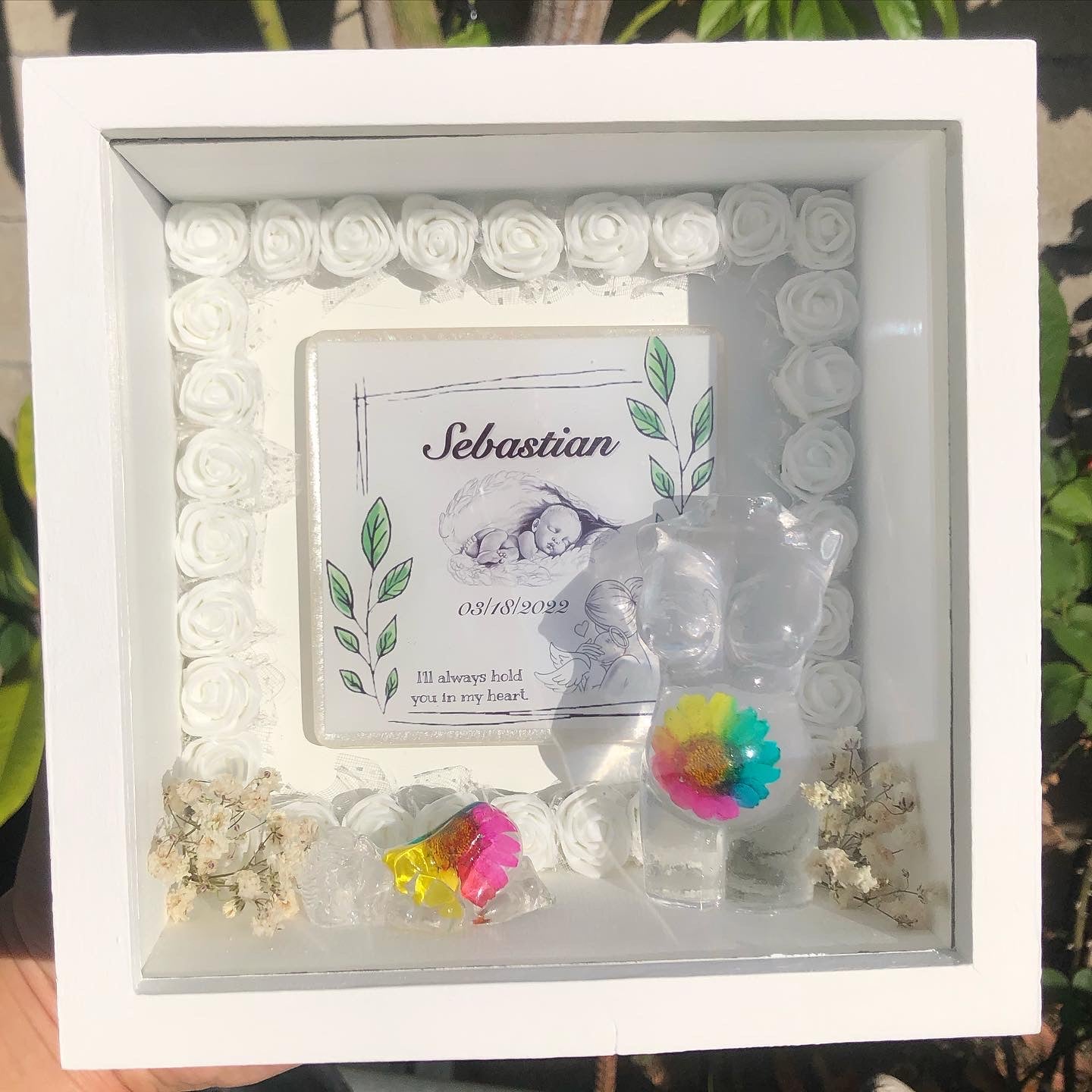 White Rainbow Baby Shadow Box - Rose Border