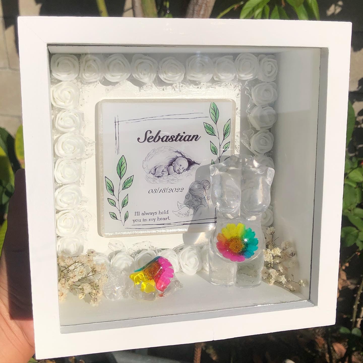 White Rainbow Baby Shadow Box - Rose Border