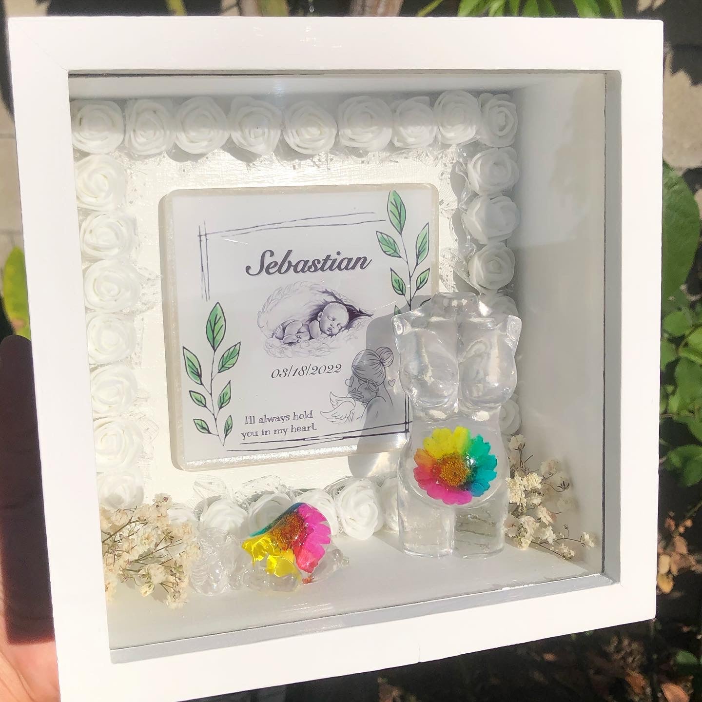 White Rainbow Baby Shadow Box - Rose Border