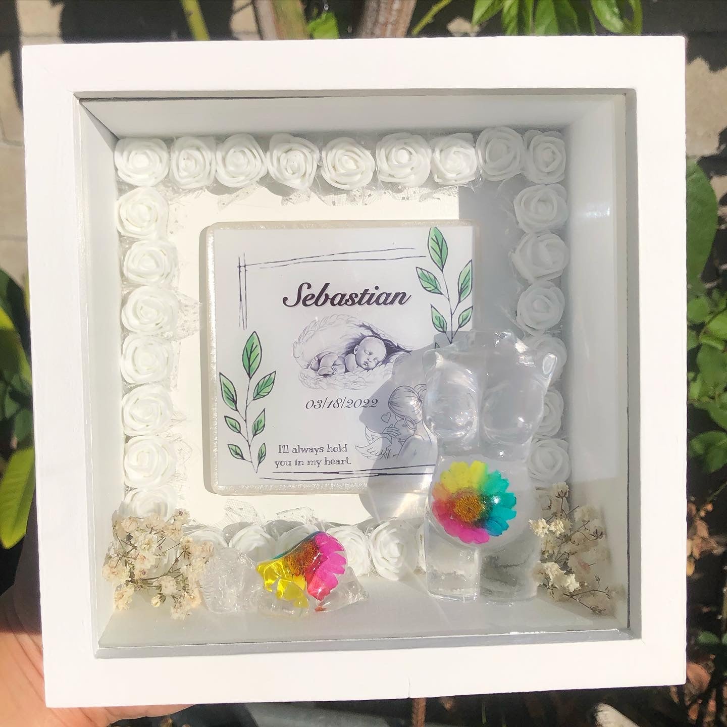 White Rainbow Baby Shadow Box - Rose Border